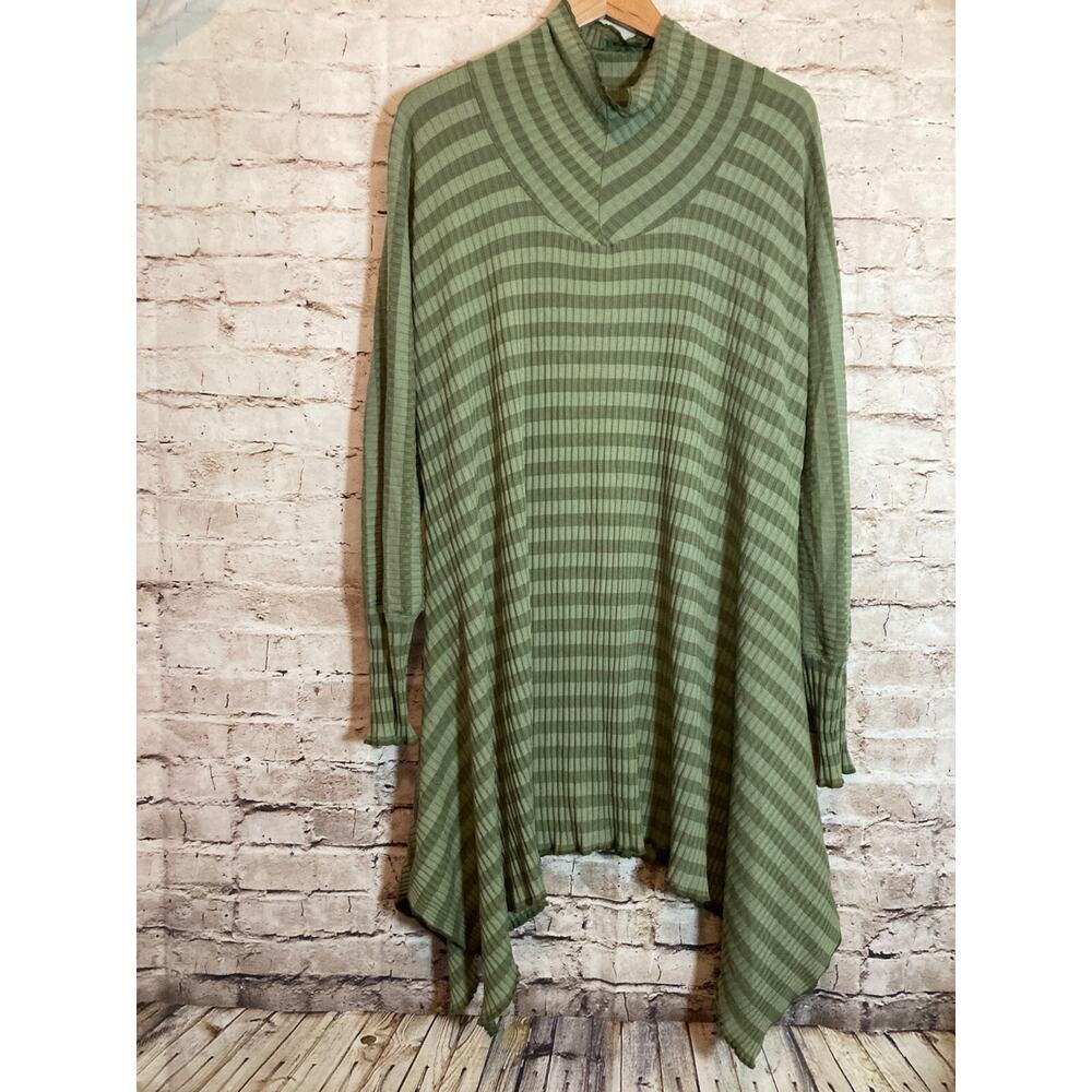 Lagenlook Dress Women 1X Green Striped Ribbed Asymmetric Hem Artsy Flowy Stretch